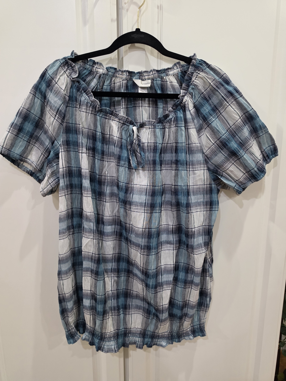 CJ Banks Blue Plaid Off-Shoulder Peasant Top